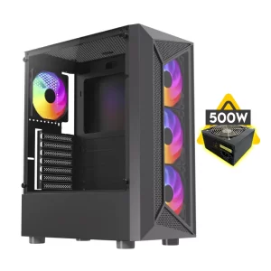 Case Halion (Geminis Cr30) Con Fuente De 500W, Negro, Atx, 2 Panel Vidrio, X4 Fan, Led-Rgb