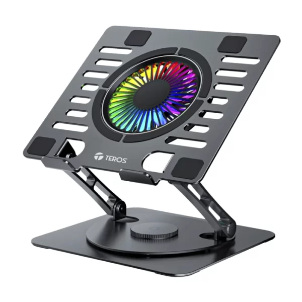 Soporte Para Laptop Teros (Te-7132N) Aluminio Y Silicona, Hasta 15.6", Cooler Rgb