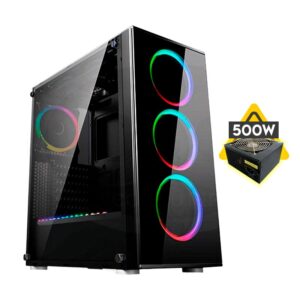 Case Halion (Magic Mirror) Con Fuente De 500w, Negro, Atx, 2 Panel Vidrio, X4 Fan, Led-rgb