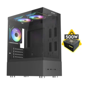 Case Halion (Buffalo Cr41) Con Fuente De 500W, Negro, Micro-Atx, 2 Panel Vidrio, X3 Fan, Led-Rgb