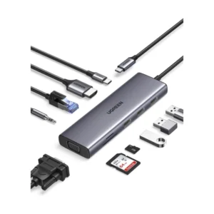 Adaptador Usb-c A 10 En 1 Ugreen Cm498 (15601) Cable 20Cm, X1 Hdmi, X1 Vga, X3 Usb-A, X1 Rj45, X1 Sd Card Slot, X1 Tf Card Slot, X1 3.5Mm Audio