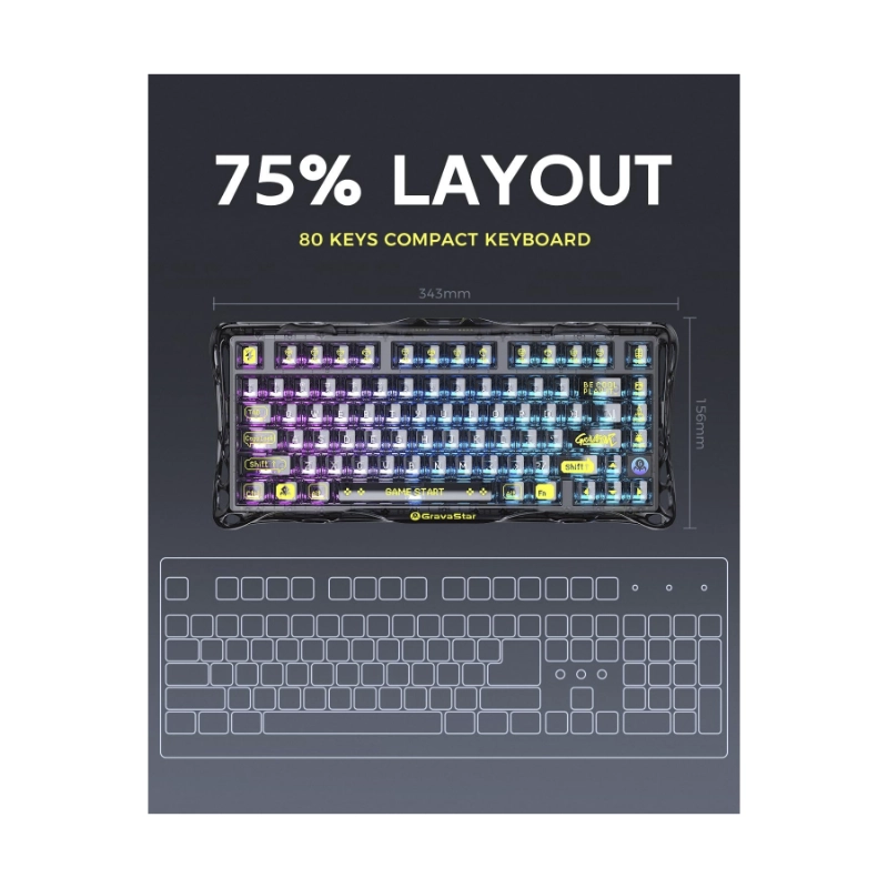 Teclado Inalambrico Gravastar Mercury K1 Lite 75% (Gs K1 Lite-Xtal-Blk) Negro, Mecanico, Bluetooth, Switch Lineales Prelubricados, Rgb Transparente 2 Teclado Inalambrico Gravastar Mercury K1 Lite 75% (Gs K1 Lite-Xtal-Blk) Negro, Mecanico, Bluetooth, Switch Lineales Prelubricados, Rgb Transparente - Imagen 2