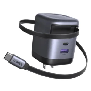 Cargador De Pared Ugreen Nexode Pro X615 (65824) X1 Usb-C, X1 Usb-A, 65W Carga Rapida, Gan Pps, Con Cable Retractil