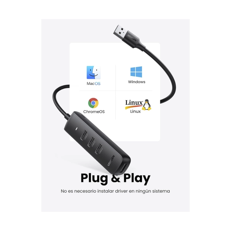 Hub Usb Ugreen 4 Puertos Cm416 (80657) Usb 3.0, Transferencia De Datos De 5 Gbps, Cable De 1 Metro 3 Hub Usb Ugreen 4 Puertos Cm416 (80657) Usb 3.0, Transferencia De Datos De 5 Gbps, Cable De 1 Metro - Imagen 3