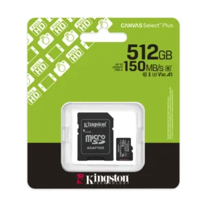 Memoria Micro Sd Kingston 512Gb Canvas Select Plus (Sdcs3/512Gb) Con Card Adaptador, Clase 10, Uhs-I, U1, V30, A1, 150Mb/S