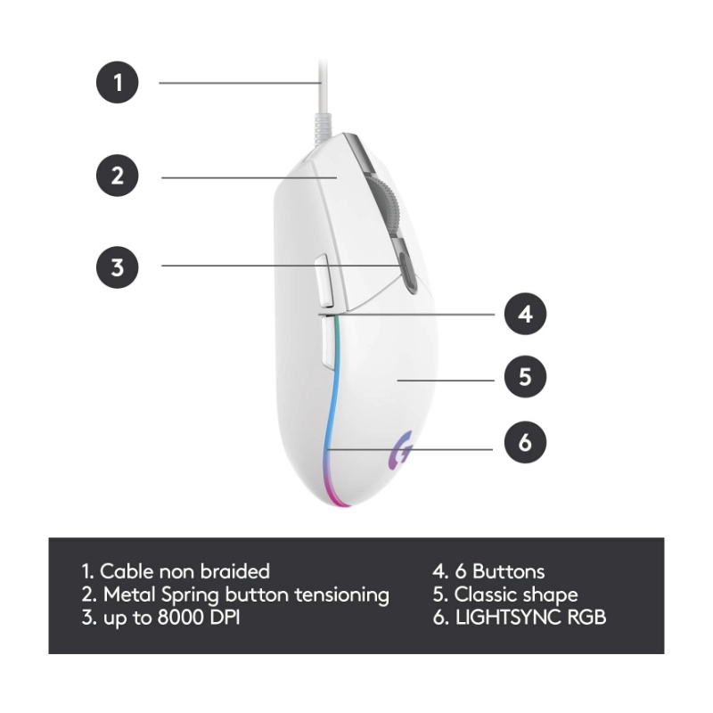 Mouse Logitech G203 Lightsync (910-005794) Gaming, Blanco, 8000 Dpi, Led-Rgb 6 Mouse Logitech G203 Lightsync (910-005794) Gaming, Blanco, 8000 Dpi, Led-Rgb - Imagen 6