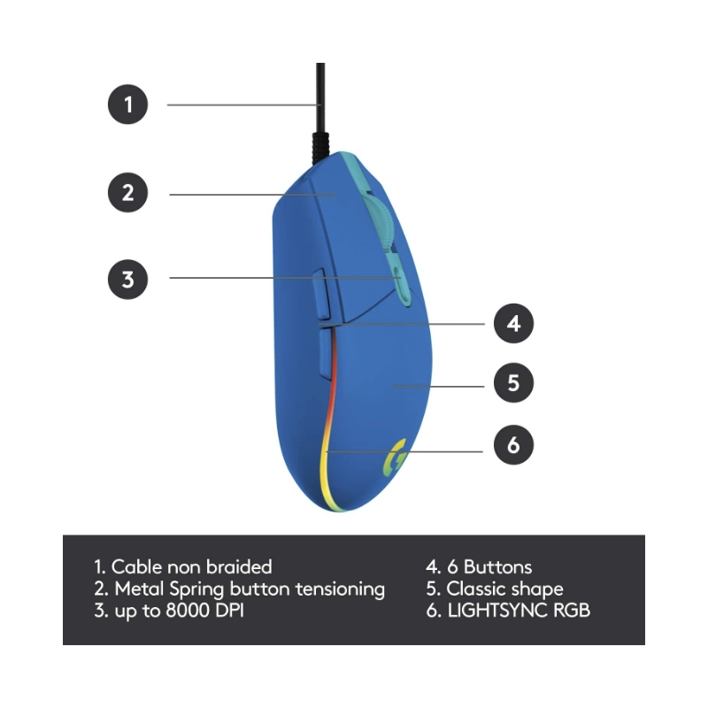 Mouse Logitech G203 Lightsync (910-005795) Gaming, Azul, 8000 Dpi, Led-Rgb 6 Mouse Logitech G203 Lightsync (910-005795) Gaming, Azul, 8000 Dpi, Led-Rgb - Imagen 6