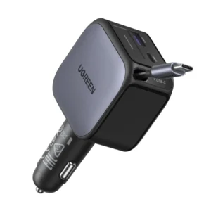 Cargador Retractil Para Automovil Ugreen Ec602 (55212B) 60W, X1 Usb-C, X1 Usb-A, Carga Rapida Con Cable Tipo C, Adaptador De Encendedor De Cigarrillos