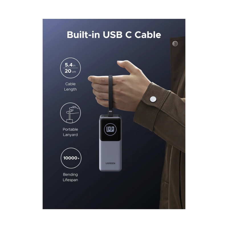 Power Bank Ugreen Pb723 (55365B) Nexode, Cable Integrado, Carga Rapida De 130 W, 20000Mah 2 Power Bank Ugreen Pb723 (55365B) Nexode, Cable Integrado, Carga Rapida De 130 W, 20000Mah - Imagen 2