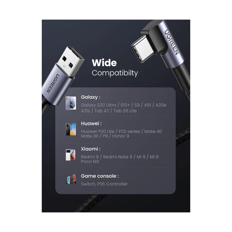Cable De Carga & Datos Usb A Usb-C Ugreen Us284 (50941) Trenzado, Angulo 90 Grados Tipo C, 1 Metro 7 Cable De Carga & Datos Usb A Usb-C Ugreen Us284 (50941) Trenzado, Angulo 90 Grados Tipo C, 1 Metro - Imagen 7