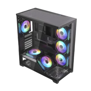 Case Halion Fish Tank (Saturno M05) Sin Fuente, Negro, Atx, 2 Panel Vidrio, X6 Fan, Led-Argb