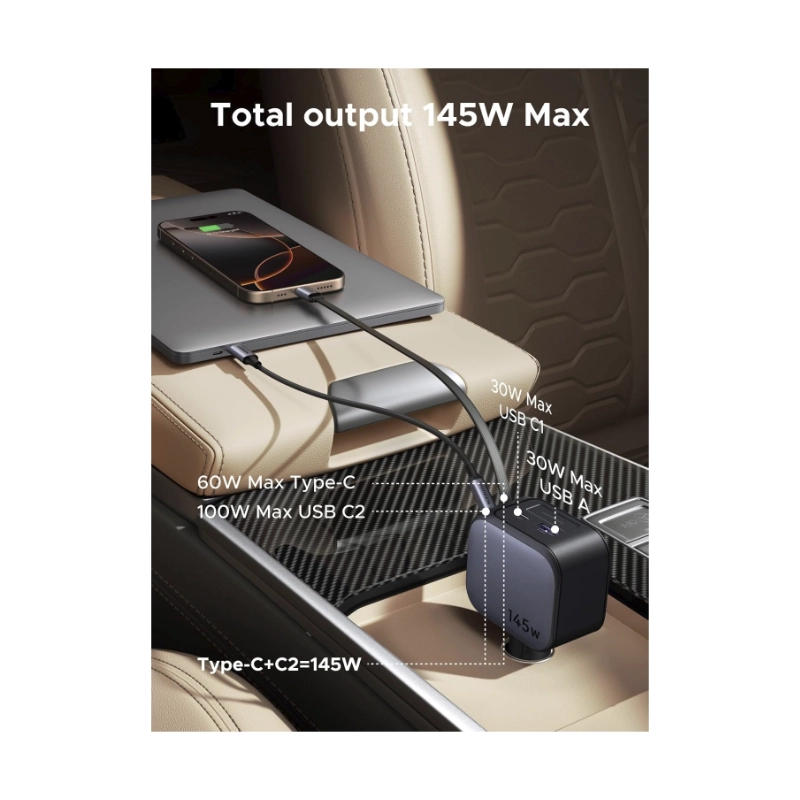 Cargador Retractil Para Automovil Ugreen Ec604 (55910B) 145W, X2 Usb-C, X1 Usb-A, Carga Rapida Con Cable Tipo C, Adaptador De Encendedor De Cigarrillo 2 Cargador Retractil Para Automovil Ugreen Ec604 (55910B) 145W, X2 Usb-C, X1 Usb-A, Carga Rapida Con Cable Tipo C, Adaptador De Encendedor De Cigarrillo - Imagen 2