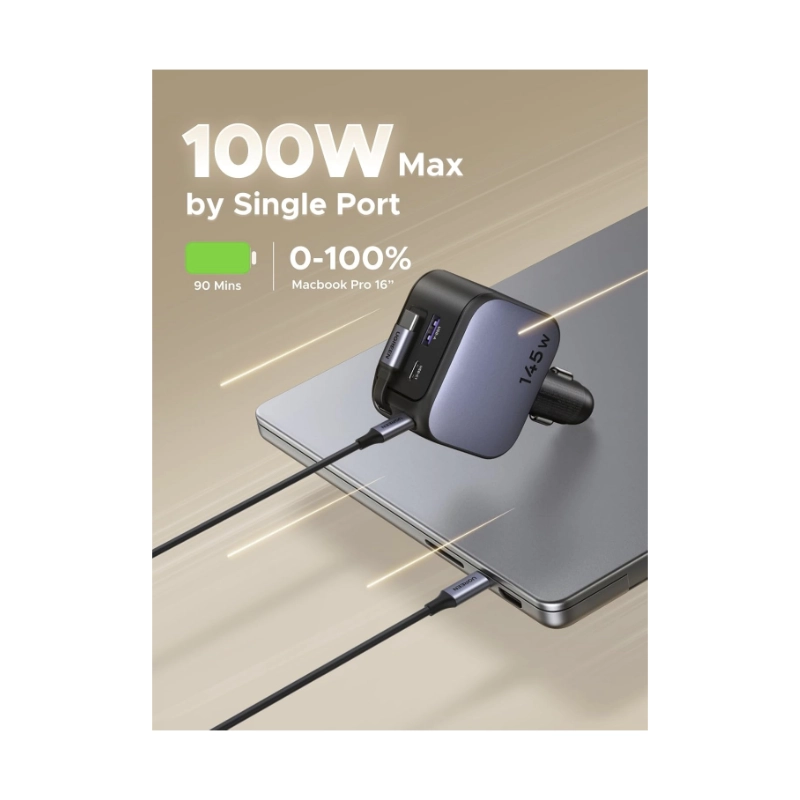 Cargador Retractil Para Automovil Ugreen Ec604 (55910B) 145W, X2 Usb-C, X1 Usb-A, Carga Rapida Con Cable Tipo C, Adaptador De Encendedor De Cigarrillo 3 Cargador Retractil Para Automovil Ugreen Ec604 (55910B) 145W, X2 Usb-C, X1 Usb-A, Carga Rapida Con Cable Tipo C, Adaptador De Encendedor De Cigarrillo - Imagen 3
