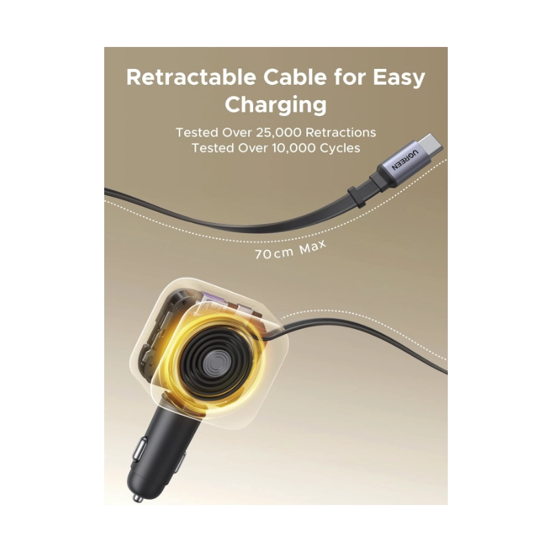 Cargador Retractil Para Automovil Ugreen Ec604 (55910B) 145W, X2 Usb-C, X1 Usb-A, Carga Rapida Con Cable Tipo C, Adaptador De Encendedor De Cigarrillo 5 Cargador Retractil Para Automovil Ugreen Ec604 (55910B) 145W, X2 Usb-C, X1 Usb-A, Carga Rapida Con Cable Tipo C, Adaptador De Encendedor De Cigarrillo - Imagen 5