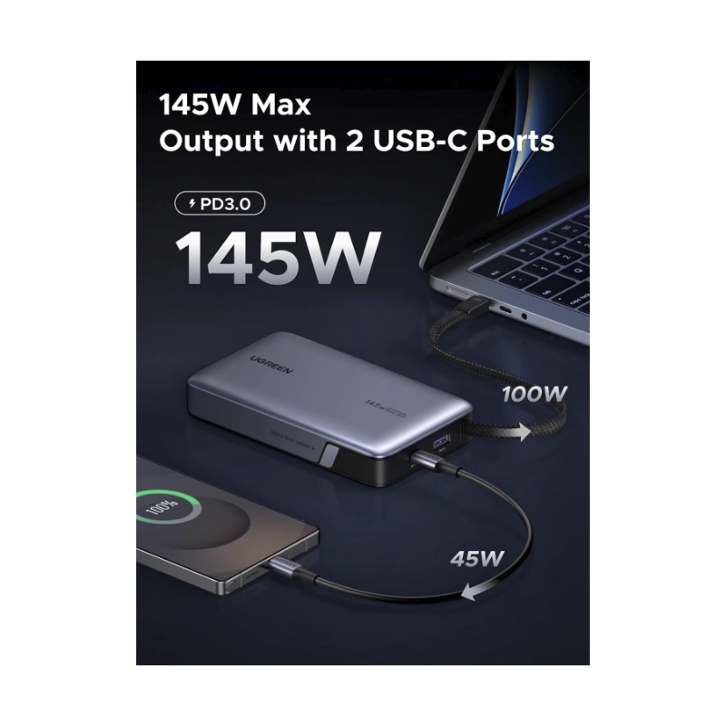 Power Bank Ugreen Pb551 (55992B) Portatil Nexode, Indicador Led Y Cable Usb-C Integrado, Carga Rapida 145W, 20000Mah 2 Power Bank Ugreen Pb551 (55992B) Portatil Nexode, Indicador Led Y Cable Usb-C Integrado, Carga Rapida 145W, 20000Mah - Imagen 2