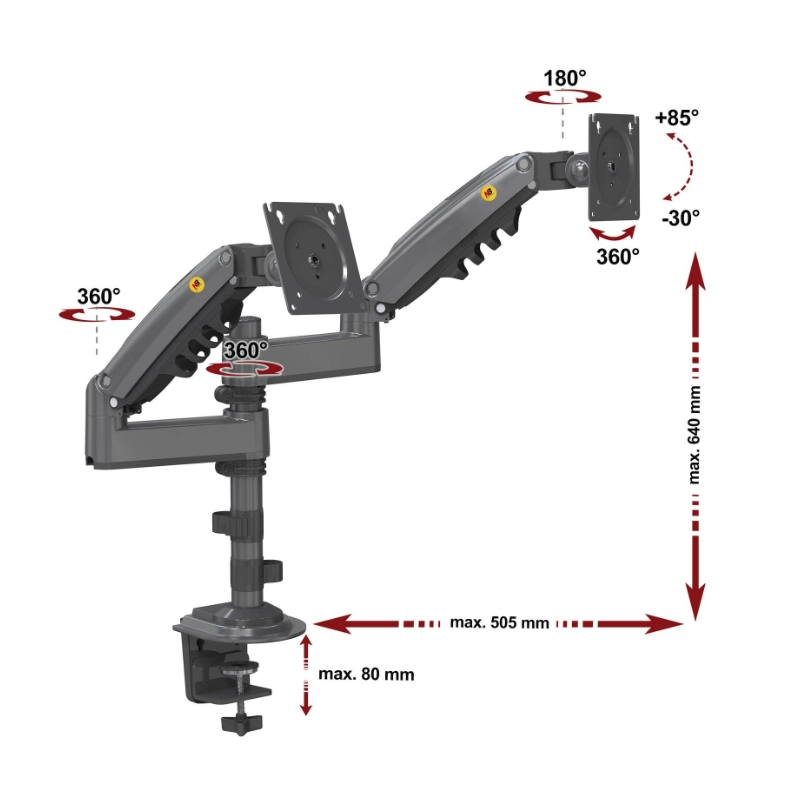 Brazo Soporte Para 2 Monitores North Bayou H180 (1100671106 H180) Rack Base, Para 17 A 35, De 2Kg Hasta 9Kg, Altura Ajustable, Resorte De Gas 6 Brazo Soporte Para 2 Monitores North Bayou H180 (1100671106 H180) Rack Base, Para 17 A 35, De 2Kg Hasta 9Kg, Altura Ajustable, Resorte De Gas - Imagen 6