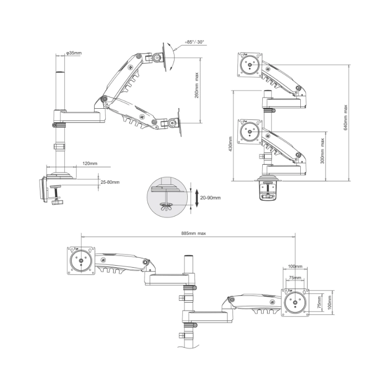 Brazo Soporte Para 2 Monitores North Bayou H180 (1100671106 H180) Rack Base, Para 17 A 35, De 2Kg Hasta 9Kg, Altura Ajustable, Resorte De Gas 7 Brazo Soporte Para 2 Monitores North Bayou H180 (1100671106 H180) Rack Base, Para 17 A 35, De 2Kg Hasta 9Kg, Altura Ajustable, Resorte De Gas - Imagen 7