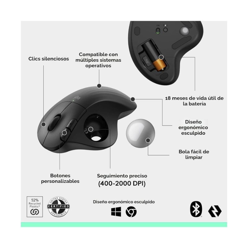 Mouse Inalambrico Logitech Ergo M575S (910-007031) Grafito, Bluetooth, Modo Trackball, Control Comodo Con El Pulgar, Seguimiento Preciso Y Fluido 6 Mouse Inalambrico Logitech Ergo M575S (910-007031) Grafito, Bluetooth, Modo Trackball, Control Comodo Con El Pulgar, Seguimiento Preciso Y Fluido - Imagen 6