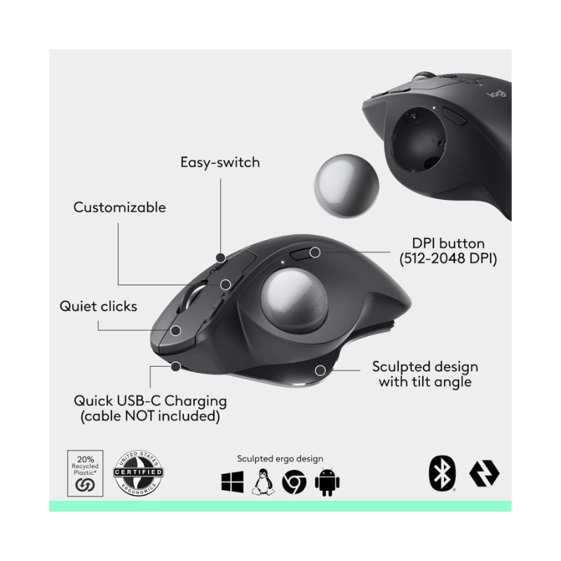 Mouse Inalambrico Logitech Mx Ergo S (910-007261) Grafito, Bluetooth, Modo Trackball, 6 Botones Programable 6 Mouse Inalambrico Logitech Mx Ergo S (910-007261) Grafito, Bluetooth, Modo Trackball, 6 Botones Programable - Imagen 6