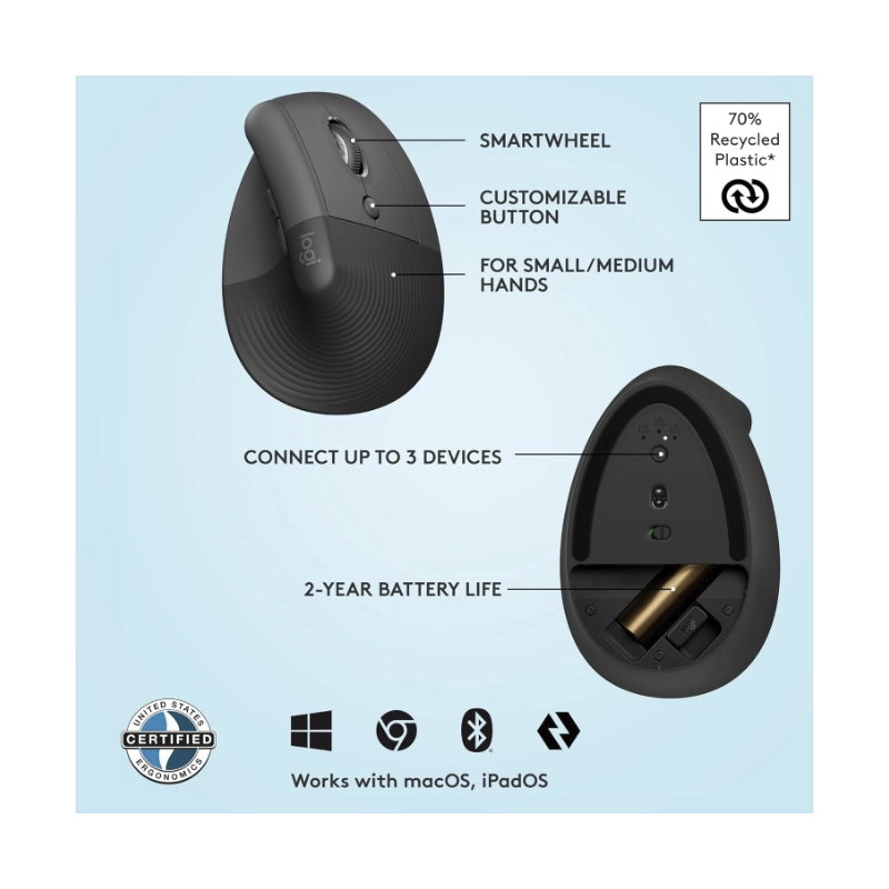 Mouse Inalambrico Logitech Vertical Lift (910-006466) Negro, Bluetooth, Ergonomico, Clics Silenciosos, Para Mano Derecha, 4000 Dpi 6 Mouse Inalambrico Logitech Vertical Lift (910-006466) Negro, Bluetooth, Ergonomico, Clics Silenciosos, Para Mano Derecha, 4000 Dpi - Imagen 6