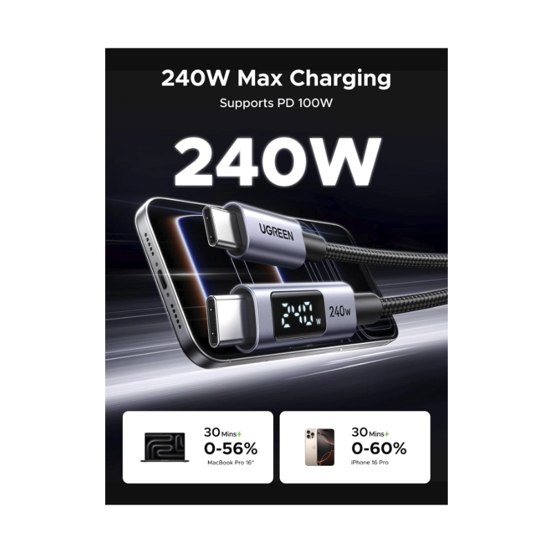 Cable De Carga & Datos Usb-C A Usb-C Ugreen L530 (65866) Negro, 240W De Carga Rapida, Con Pantalla Led, Para Iphone 17, Macbook, Ipad, 1 Metro 2 Cable De Carga & Datos Usb-C A Usb-C Ugreen L530 (65866) Negro, 240W De Carga Rapida, Con Pantalla Led, Para Iphone 17, Macbook, Ipad, 1 Metro - Imagen 2