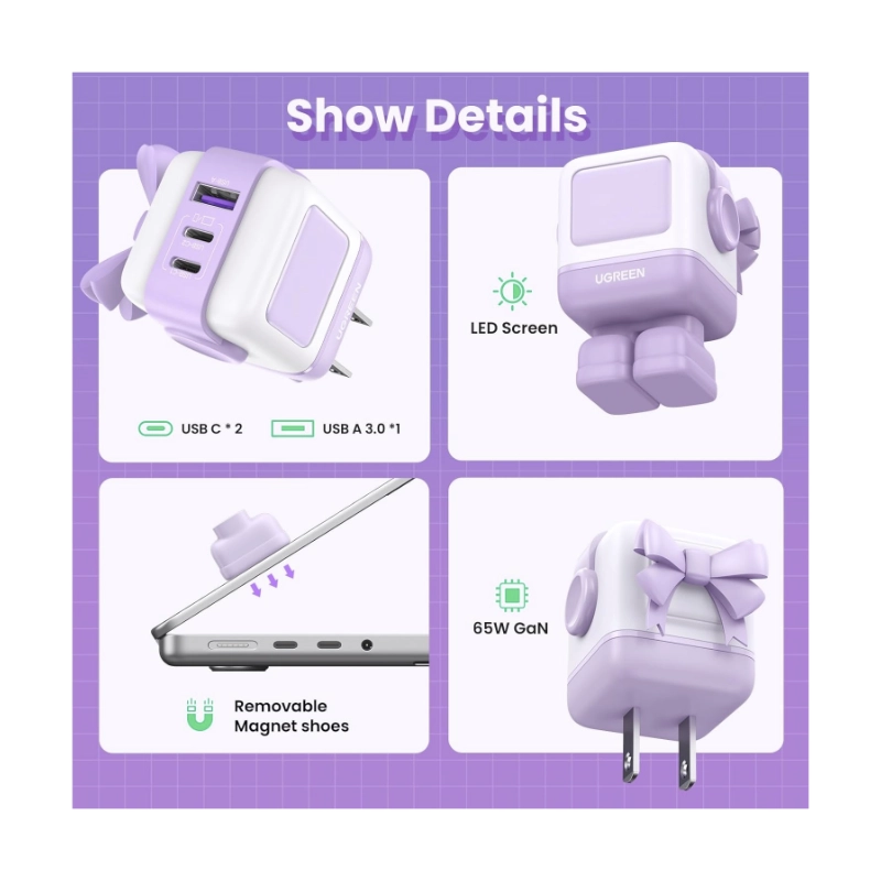 Cargador De Pared 2 Usb-C + Usb Ugreen Cd361 (35314) Kawaii Purpura, Robot Gan, 65W Carga Rapida, Para Iphone 17, Macbook Pro 4 Cargador De Pared 2 Usb-C + Usb Ugreen Cd361 (35314) Kawaii Purpura, Robot Gan, 65W Carga Rapida, Para Iphone 17, Macbook Pro - Imagen 4