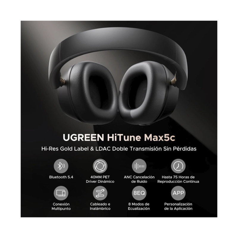 Auricular Bluetooth Ugreen Hp203 (35757) Negro, Cancelacion De Ruido, Sonido De Alta Resolucion, 75 Horas, Conexion De 2 Dispositivos 2 Auricular Bluetooth Ugreen Hp203 (35757) Negro, Cancelacion De Ruido, Sonido De Alta Resolucion, 75 Horas, Conexion De 2 Dispositivos - Imagen 2