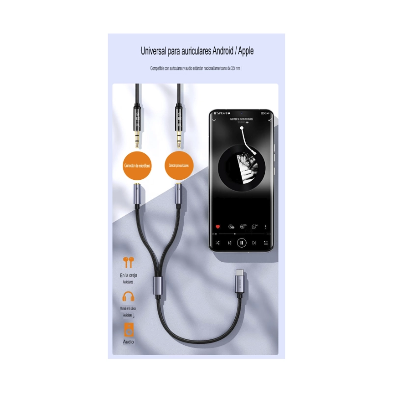 Cable De Usb-C A Jack X2 3.5Mm (Jh-A562A) Negro, Divisor Audio, 25Cm 4 Cable De Usb-C A Jack X2 3.5Mm (Jh-A562A) Negro, Divisor Audio, 25Cm - Imagen 4