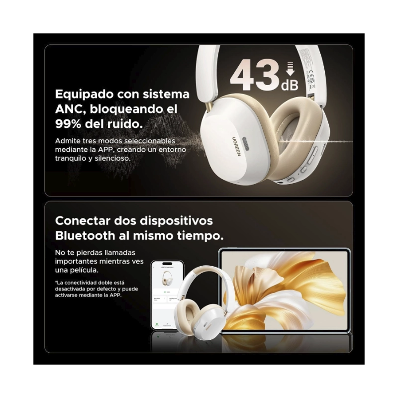 Auricular Bluetooth Ugreen Hp203 (35758) Blanco, Cancelacion De Ruido, Sonido De Alta Resolucion, 75 Horas, Conexion De 2 Dispositivos 4 Auricular Bluetooth Ugreen Hp203 (35758) Blanco, Cancelacion De Ruido, Sonido De Alta Resolucion, 75 Horas, Conexion De 2 Dispositivos - Imagen 4