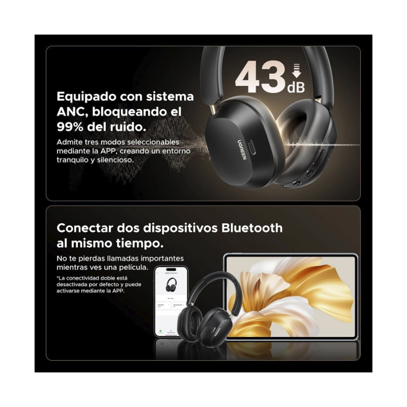 Auricular Bluetooth Ugreen Hp203 (35757) Negro, Cancelacion De Ruido, Sonido De Alta Resolucion, 75 Horas, Conexion De 2 Dispositivos 4 Auricular Bluetooth Ugreen Hp203 (35757) Negro, Cancelacion De Ruido, Sonido De Alta Resolucion, 75 Horas, Conexion De 2 Dispositivos - Imagen 4