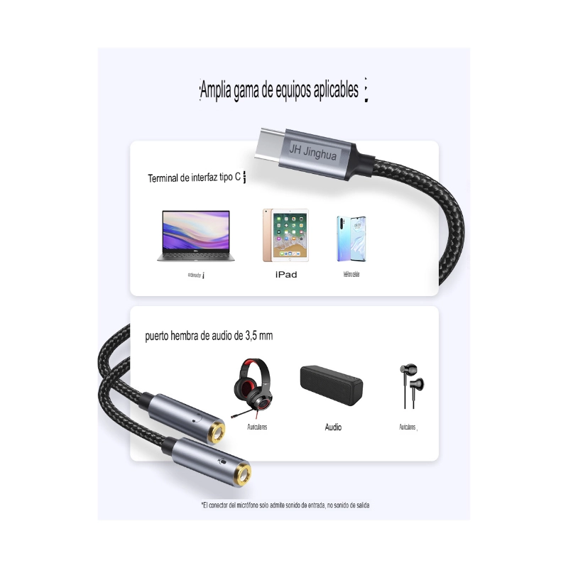 Cable De Usb-C A Jack X2 3.5Mm (Jh-A562A) Negro, Divisor Audio, 25Cm 3 Cable De Usb-C A Jack X2 3.5Mm (Jh-A562A) Negro, Divisor Audio, 25Cm - Imagen 3