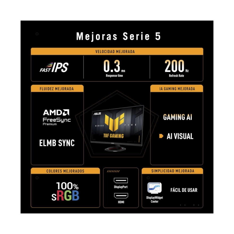 Monitor Gaming Asus Tuf Gaming 27 (Vg279Q5R) Fhd, Fast Ips, 2 Hdmi/Dp, 0.3Ms, 200Hz, Altavoces Estereo, Ai Visual 6 Monitor Gaming Asus Tuf Gaming 27 (Vg279Q5R) Fhd, Fast Ips, 2 Hdmi/Dp, 0.3Ms, 200Hz, Altavoces Estereo, Ai Visual - Imagen 6