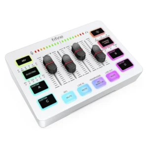 Mezcladora De Audio Fifine Ampligame Sc3 (Sc3-W) Blanco, Para Streaming Con Interfaz De Microfono Xlr, Control Individual, Atenuador De Volumen, Rgb