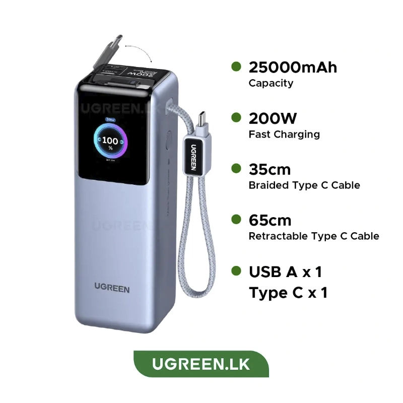 Power Bank Ugreen Pb728 (75702B) Nexode Pro, X2 Cable Integrado Usb-C, Pantalla Inteligente Tft, Carga Rapida De 200W, 25000Mah 2 Power Bank Ugreen Pb728 (75702B) Nexode Pro, X2 Cable Integrado Usb-C, Pantalla Inteligente Tft, Carga Rapida De 200W, 25000Mah - Imagen 2