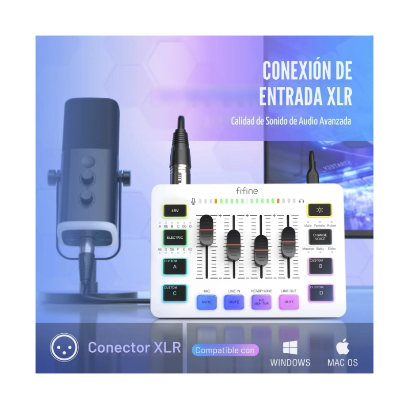 Mezcladora De Audio Fifine Ampligame Sc3 (Sc3-W) Blanco, Para Streaming Con Interfaz De Microfono Xlr, Control Individual, Atenuador De Volumen, Rgb 2 Mezcladora De Audio Fifine Ampligame Sc3 (Sc3-W) Blanco, Para Streaming Con Interfaz De Microfono Xlr, Control Individual, Atenuador De Volumen, Rgb - Imagen 2