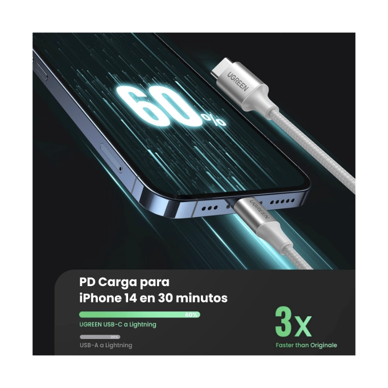 Cable De Carga & Datos Usb-C A Lightning Ugreen (70523) Plata, Carga Rapida, Nylon Trenzado, Mfi Certificado, Compatible Con Iphone 14/13/12, 1 Metro 2 Cable De Carga & Datos Usb-C A Lightning Ugreen (70523) Plata, Carga Rapida, Nylon Trenzado, Mfi Certificado, Compatible Con Iphone 14/13/12, 1 Metro - Imagen 2