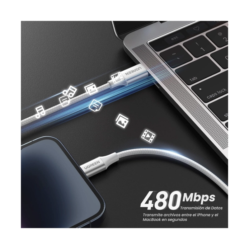 Cable De Carga & Datos Usb-C A Lightning Ugreen (70523) Plata, Carga Rapida, Nylon Trenzado, Mfi Certificado, Compatible Con Iphone 14/13/12, 1 Metro 3 Cable De Carga & Datos Usb-C A Lightning Ugreen (70523) Plata, Carga Rapida, Nylon Trenzado, Mfi Certificado, Compatible Con Iphone 14/13/12, 1 Metro - Imagen 3