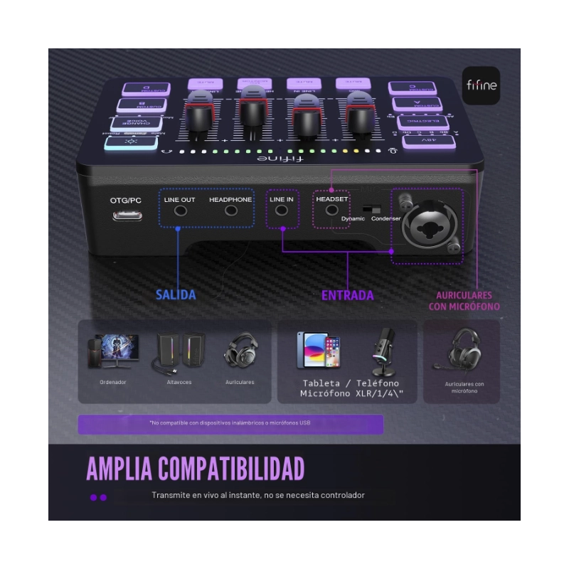 Mezcladora De Audio Fifine Ampligame Sc3 (Sc3-B) Negro, Para Streaming Con Interfaz De Microfono Xlr, Control Individual, Atenuador De Volumen, Rgb 4 Mezcladora De Audio Fifine Ampligame Sc3 (Sc3-B) Negro, Para Streaming Con Interfaz De Microfono Xlr, Control Individual, Atenuador De Volumen, Rgb - Imagen 4