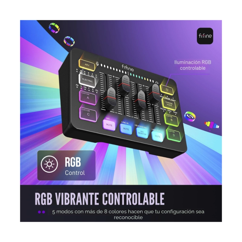 Mezcladora De Audio Fifine Ampligame Sc3 (Sc3-B) Negro, Para Streaming Con Interfaz De Microfono Xlr, Control Individual, Atenuador De Volumen, Rgb 6 Mezcladora De Audio Fifine Ampligame Sc3 (Sc3-B) Negro, Para Streaming Con Interfaz De Microfono Xlr, Control Individual, Atenuador De Volumen, Rgb - Imagen 6