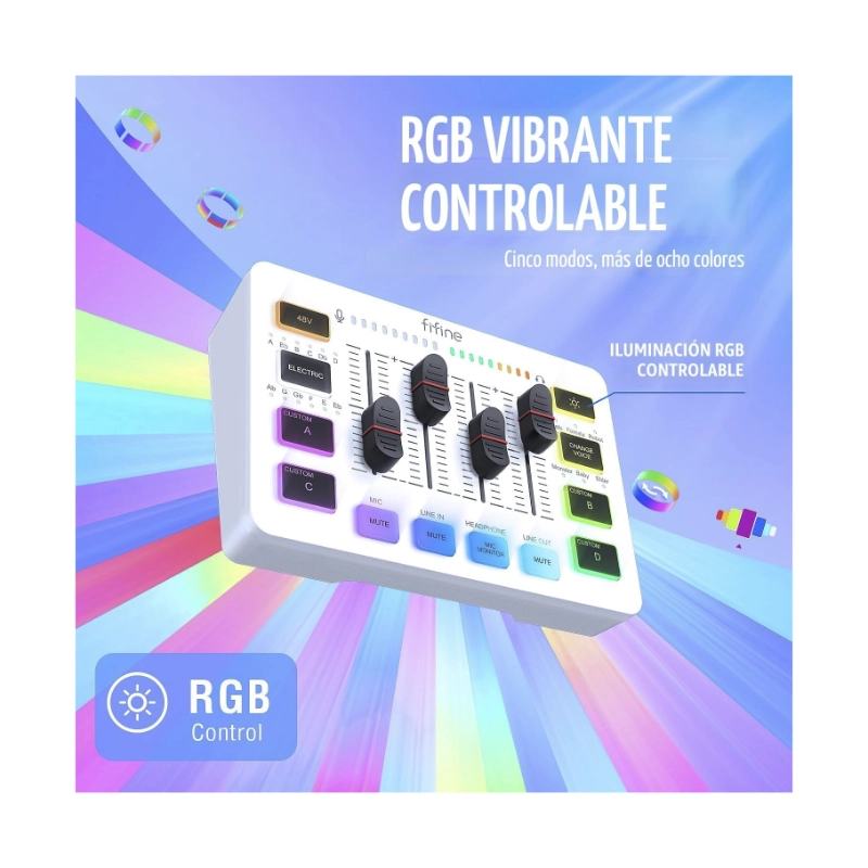 Mezcladora De Audio Fifine Ampligame Sc3 (Sc3-W) Blanco, Para Streaming Con Interfaz De Microfono Xlr, Control Individual, Atenuador De Volumen, Rgb 6 Mezcladora De Audio Fifine Ampligame Sc3 (Sc3-W) Blanco, Para Streaming Con Interfaz De Microfono Xlr, Control Individual, Atenuador De Volumen, Rgb - Imagen 6