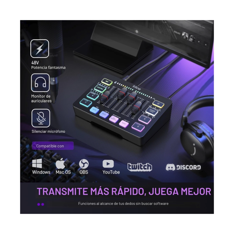 Mezcladora De Audio Fifine Ampligame Sc3 (Sc3-B) Negro, Para Streaming Con Interfaz De Microfono Xlr, Control Individual, Atenuador De Volumen, Rgb 7 Mezcladora De Audio Fifine Ampligame Sc3 (Sc3-B) Negro, Para Streaming Con Interfaz De Microfono Xlr, Control Individual, Atenuador De Volumen, Rgb - Imagen 7