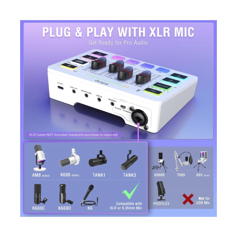 Mezcladora De Audio Fifine Ampligame Sc3 (Sc3-W) Blanco, Para Streaming Con Interfaz De Microfono Xlr, Control Individual, Atenuador De Volumen, Rgb 7 Mezcladora De Audio Fifine Ampligame Sc3 (Sc3-W) Blanco, Para Streaming Con Interfaz De Microfono Xlr, Control Individual, Atenuador De Volumen, Rgb - Imagen 7