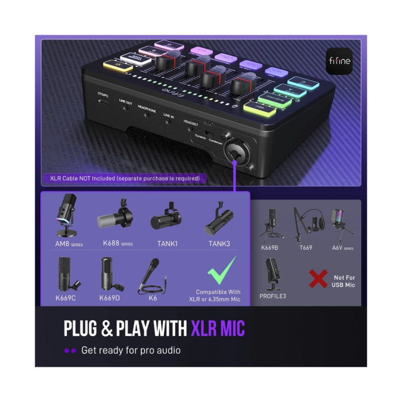 Mezcladora De Audio Fifine Ampligame Sc3 (Sc3-B) Negro, Para Streaming Con Interfaz De Microfono Xlr, Control Individual, Atenuador De Volumen, Rgb 8 Mezcladora De Audio Fifine Ampligame Sc3 (Sc3-B) Negro, Para Streaming Con Interfaz De Microfono Xlr, Control Individual, Atenuador De Volumen, Rgb - Imagen 8