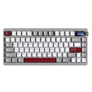 Teclado Inalambrico Aula 75% (Nova75-W) Rojo/Gris/Blanco, Trimodo, Mecanico, Switch Caramel Latte, Pantalla Tft Inteligente Y Perilla, Led-Rgb