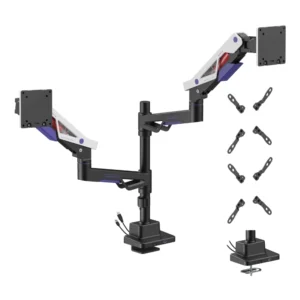Brazo Soporte Para 2 Monitores Koreano (Gmk95-24U) Gaming, Rack Base, Para 24 A 57, De 2Kg Hasta 27Kg, Resorte De Gas, Permite Vertical Y Horizontal